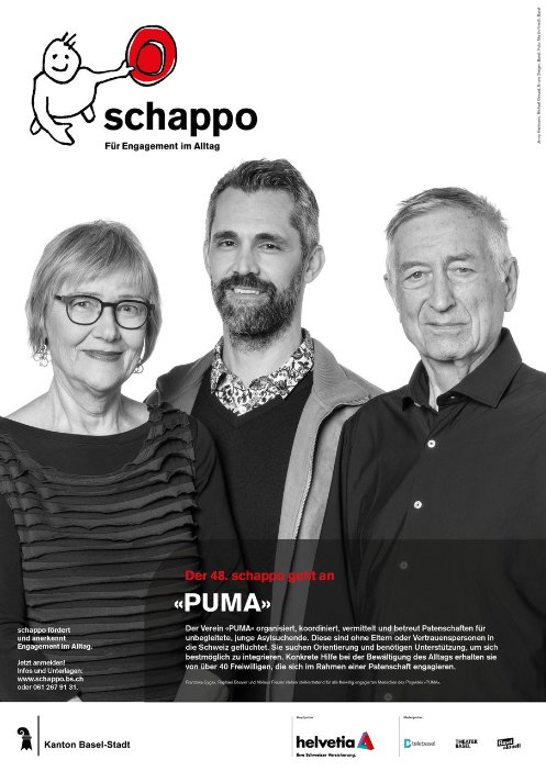 schappo Plakat mit drei Preistragenden des Vereins PUMA